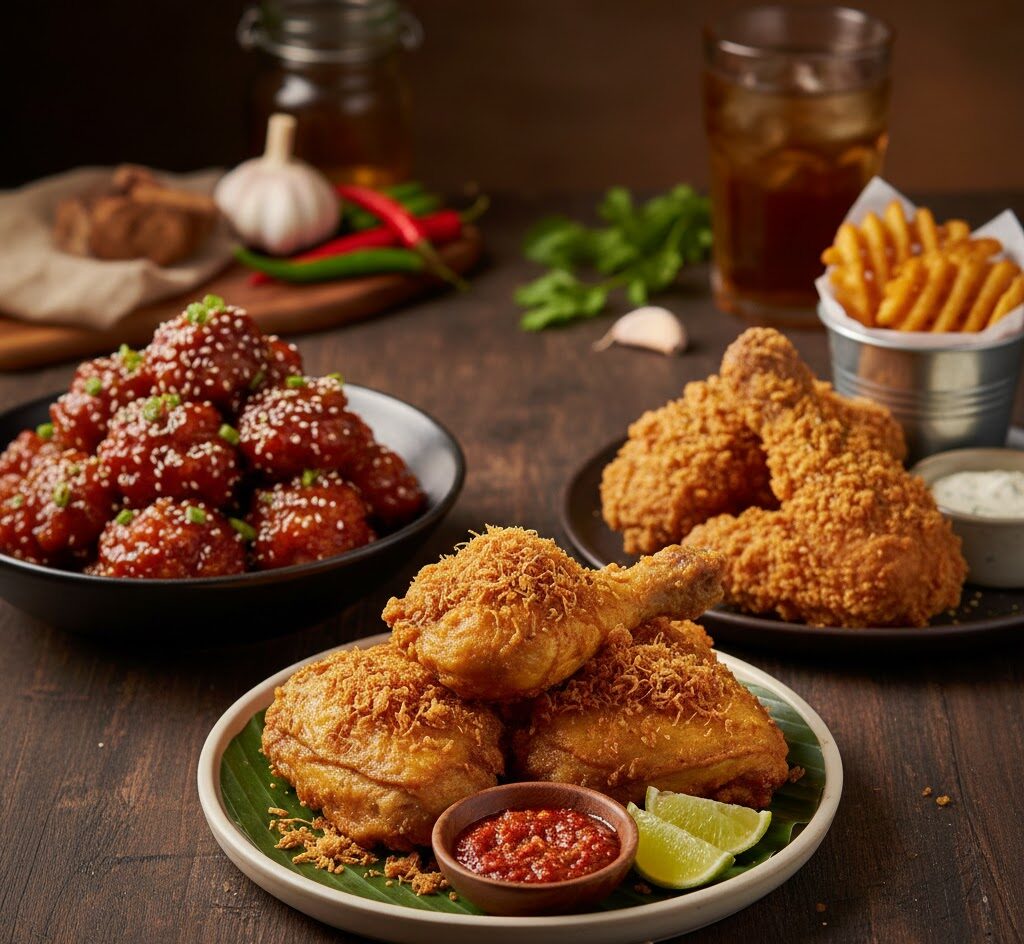 Tiga variasi ayam goreng renyah dan gurih, disajikan di atas piring dengan garnish daun dan rempah, siap untuk disantap.